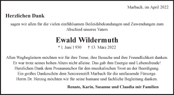 Traueranzeige von Ewald Wildermuth von Marbacher Zeitung