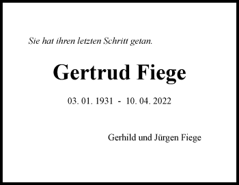 Traueranzeige von Gertrud Fiege von Marbacher Zeitung