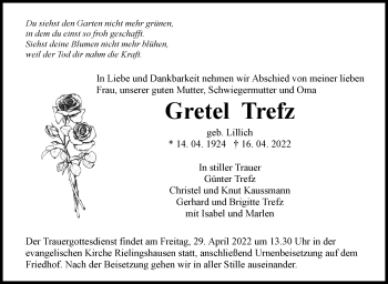 Traueranzeige von Gretel Trefz von Marbacher Zeitung