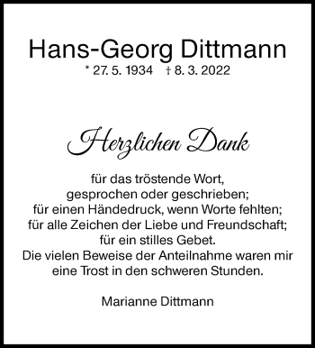 Traueranzeige von Hans-Georg Dittmann von Marbacher Zeitung