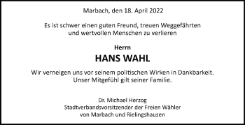 Traueranzeige von Hans Wahl von Marbacher Zeitung
