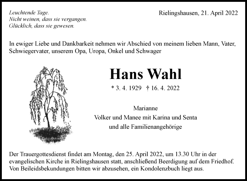  Traueranzeige für Hans Wahl vom 21.04.2022 aus Marbacher Zeitung