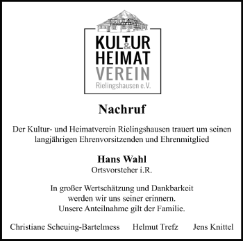 Traueranzeige von Hans Wahl von Marbacher Zeitung