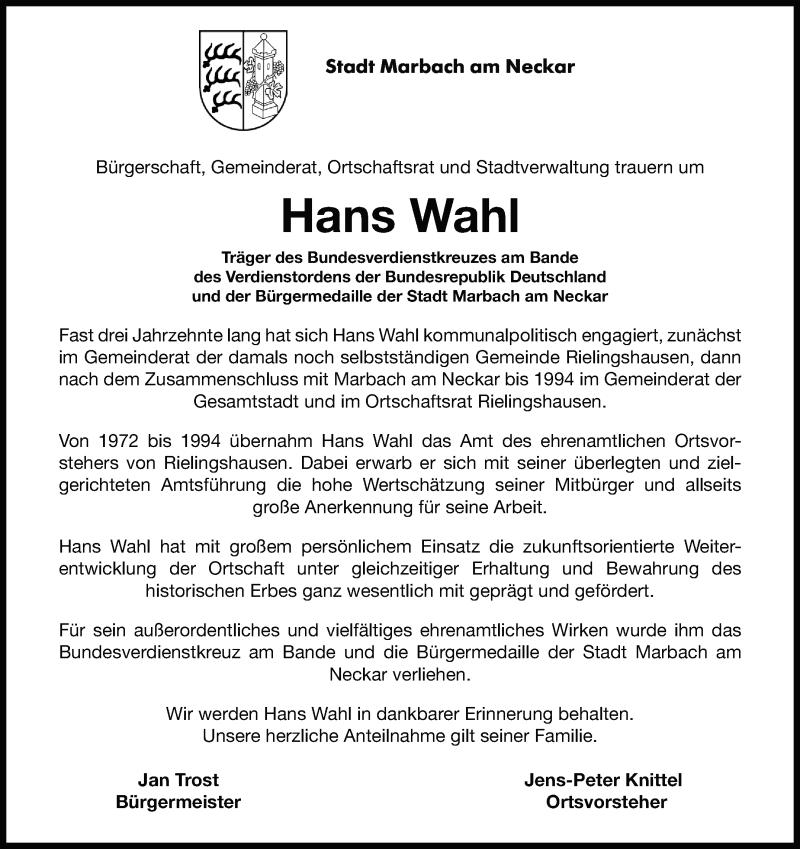  Traueranzeige für Hans Wahl vom 21.04.2022 aus Marbacher Zeitung