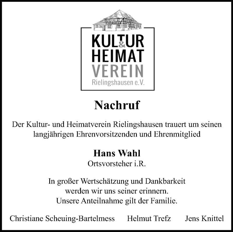  Traueranzeige für Hans Wahl vom 29.04.2022 aus Marbacher Zeitung