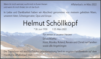 Traueranzeige von Helmut Schöllkopf von Marbacher Zeitung