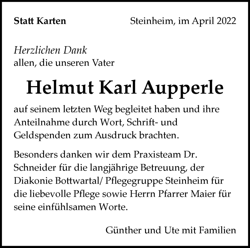  Traueranzeige für Helmut Karl Aupperle vom 14.04.2022 aus Marbacher Zeitung