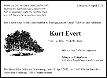 Traueranzeige von Kurt Evert von Marbacher Zeitung