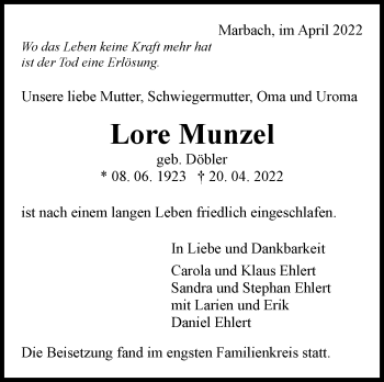 Traueranzeige von Lore Munzel von Marbacher Zeitung