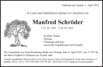 Traueranzeige von Manfred Schröder von Marbacher Zeitung