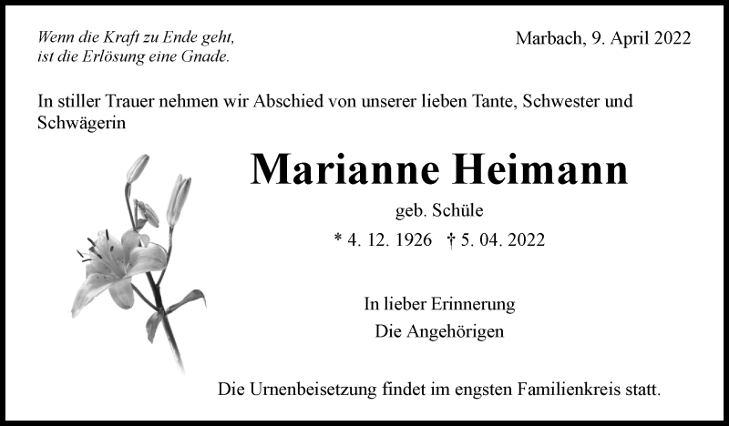  Traueranzeige für Marianne Heimann vom 09.04.2022 aus Marbacher Zeitung