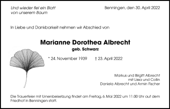 Traueranzeige von Marianne Dorothea Albrecht von Marbacher Zeitung