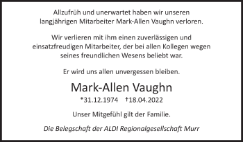 Traueranzeige von Mark-Allen Vaughn von Marbacher Zeitung