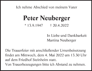 Traueranzeige von Peter Neuberger von Marbacher Zeitung
