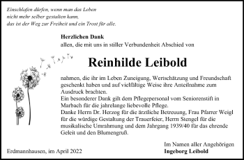 Traueranzeige von Reinhilde Leibold von Marbacher Zeitung