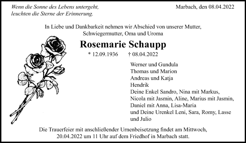  Traueranzeige für Rosemarie Schaupp vom 14.04.2022 aus Marbacher Zeitung