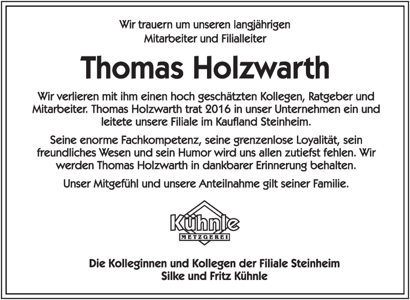  Traueranzeige für Thomas Holzwarth vom 13.04.2022 aus Marbacher Zeitung