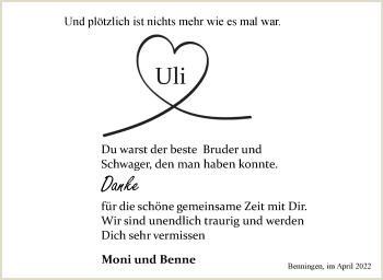 Traueranzeige von Uli  von Marbacher Zeitung