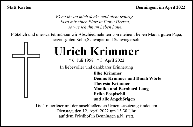  Traueranzeige für Ulrich Krimmer vom 07.04.2022 aus Marbacher Zeitung