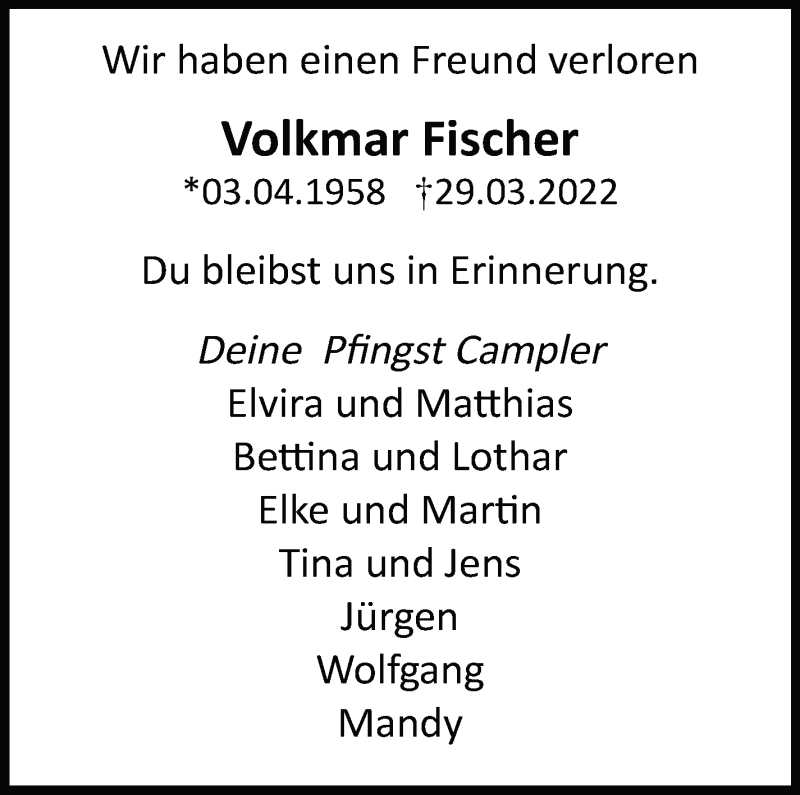  Traueranzeige für Volkmar Fischer vom 13.04.2022 aus Marbacher Zeitung