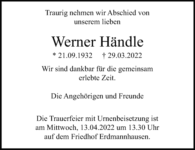  Traueranzeige für Werner Händle vom 08.04.2022 aus Marbacher Zeitung