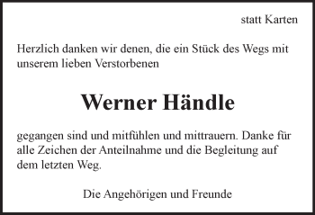 Traueranzeige von Werner Händle von Marbacher Zeitung
