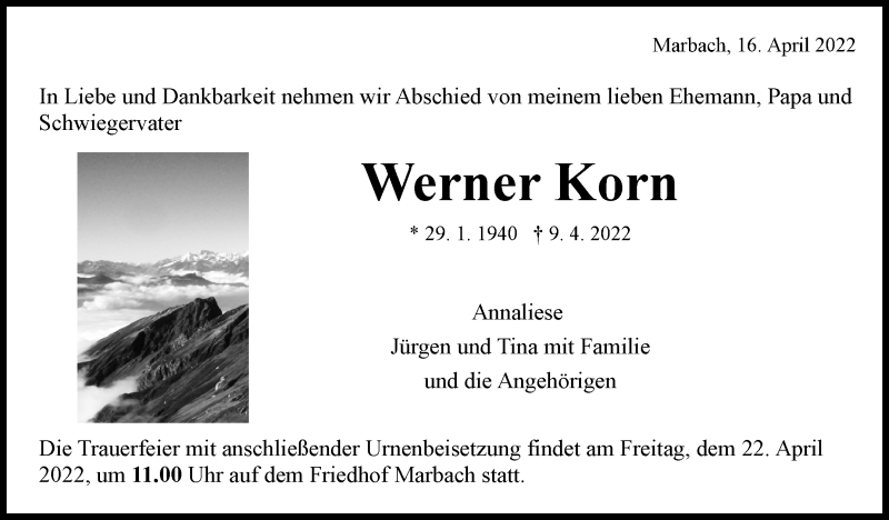  Traueranzeige für Werner Korn vom 16.04.2022 aus Marbacher Zeitung