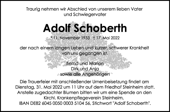 Traueranzeige von Adolf Schoberth von Marbacher Zeitung