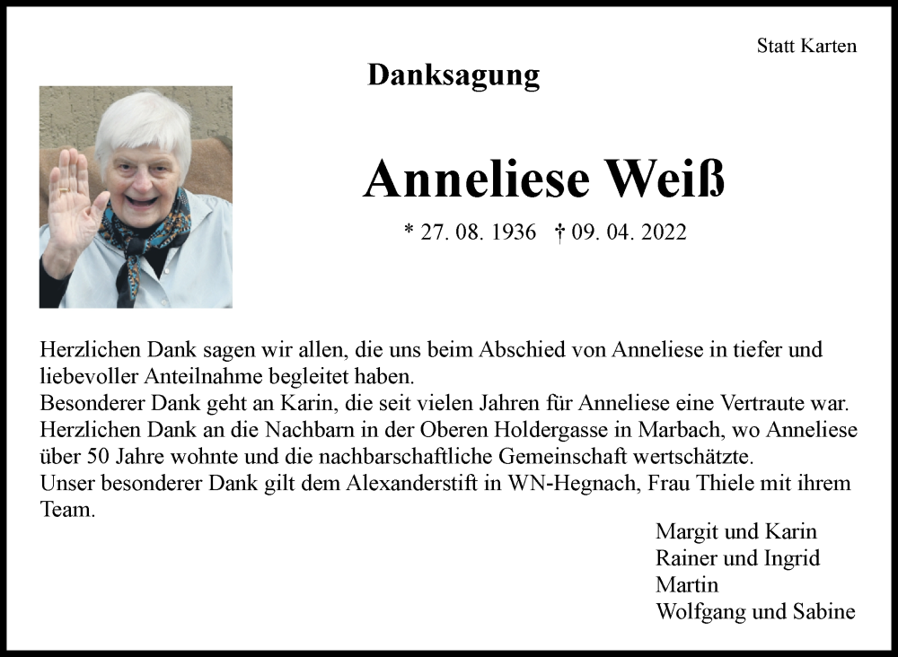  Traueranzeige für Anneliese Weiß vom 14.05.2022 aus Marbacher Zeitung