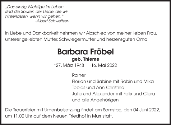 Traueranzeige von Barbara  Fröbel von Marbacher Zeitung