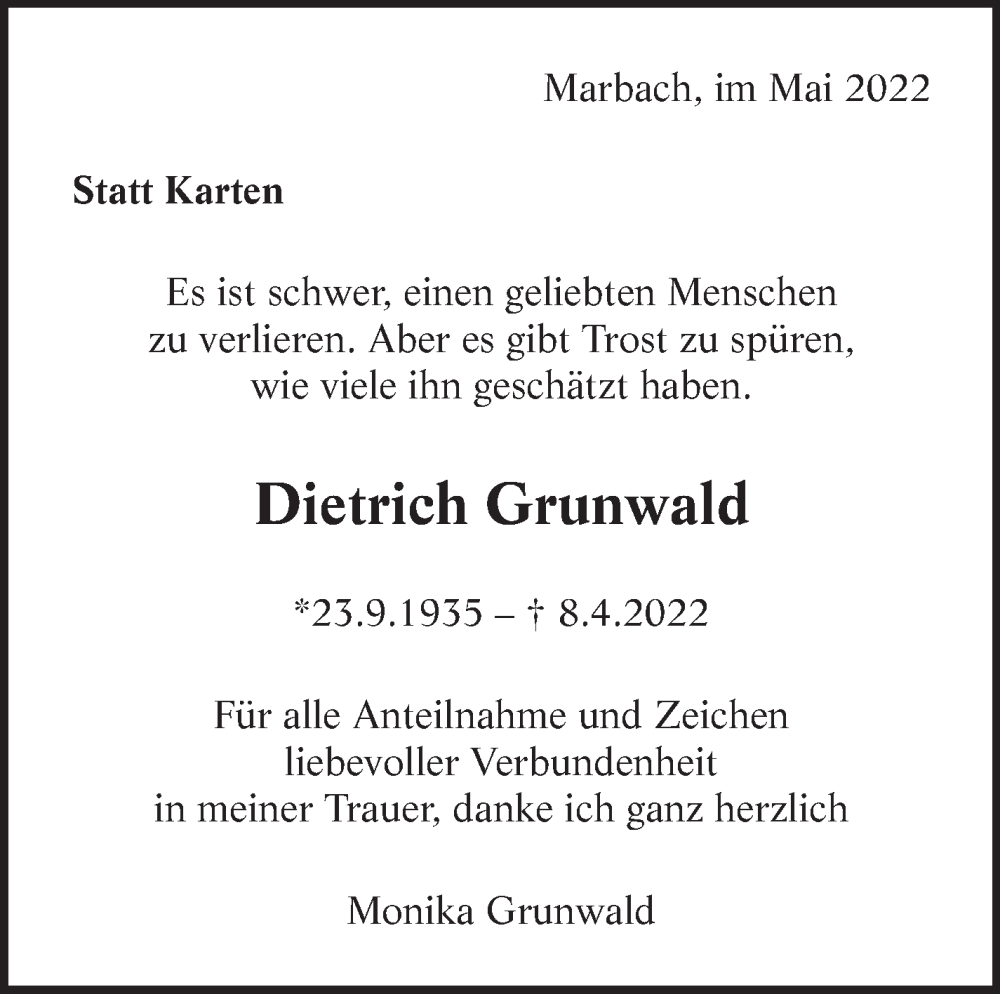  Traueranzeige für Dietrich Grunwald vom 21.05.2022 aus Marbacher Zeitung