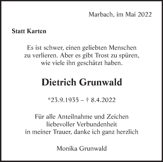 Traueranzeige von Dietrich Grunwald von Marbacher Zeitung