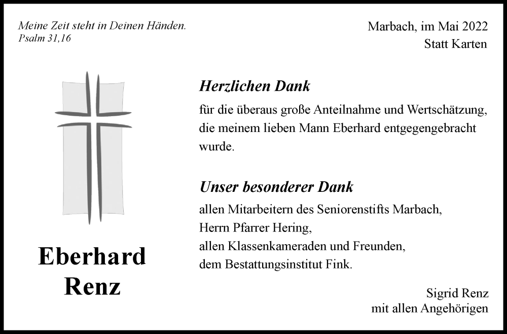  Traueranzeige für Eberhard Renz vom 13.05.2022 aus Marbacher Zeitung