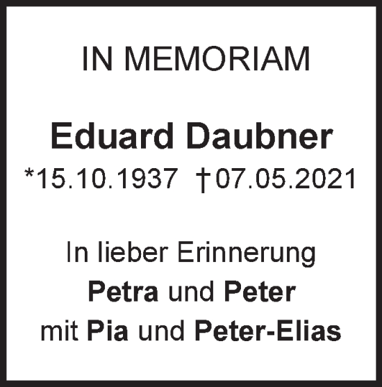 Traueranzeige von Eduard Daubner von Marbacher Zeitung