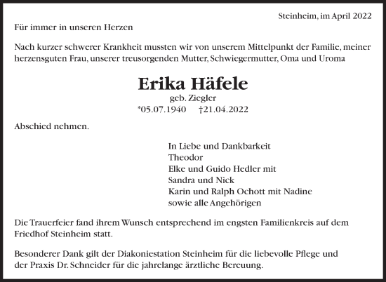 Traueranzeige von Erika Häfele von Marbacher Zeitung