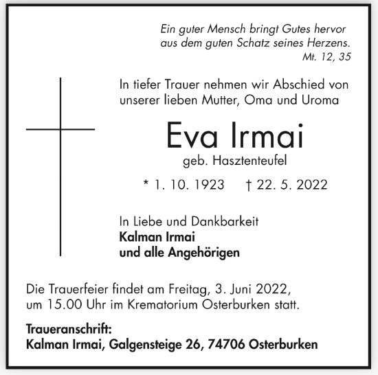 Traueranzeige von Eva Irmai von Marbacher Zeitung