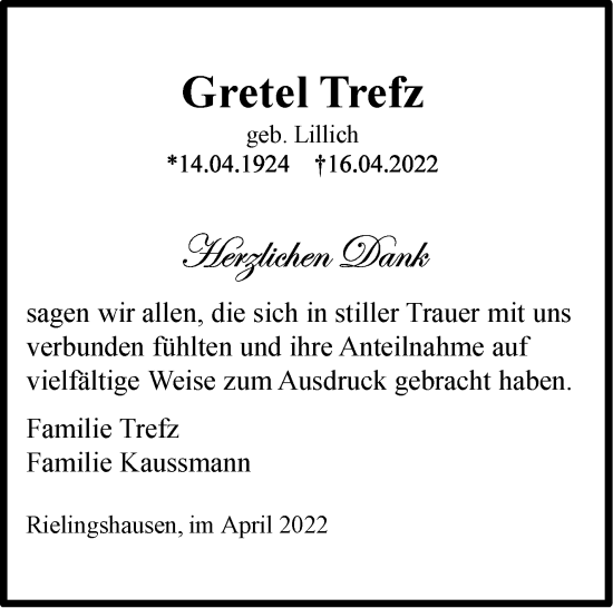 Traueranzeige von Gretel Trefz von Marbacher Zeitung