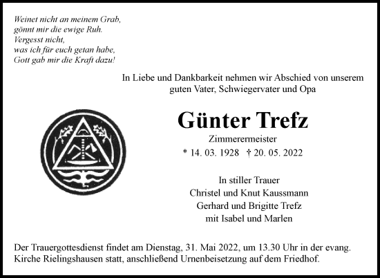 Traueranzeige von Günter Trefz von Marbacher Zeitung