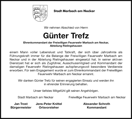 Traueranzeige von Günter Trefz von Marbacher Zeitung