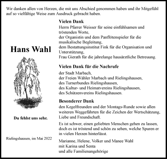 Traueranzeige von Hans Wahl von Marbacher Zeitung