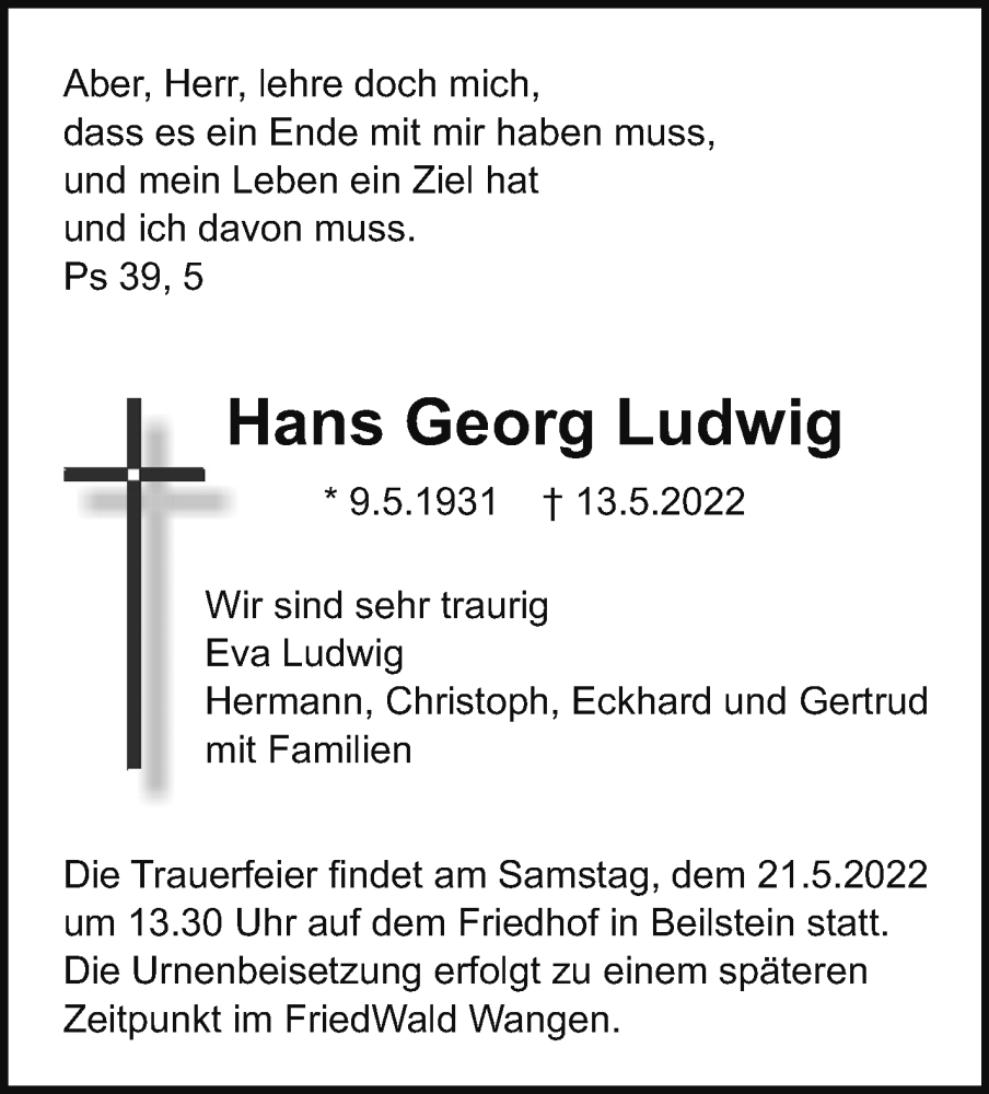  Traueranzeige für Hans Georg Ludwig vom 19.05.2022 aus Marbacher Zeitung
