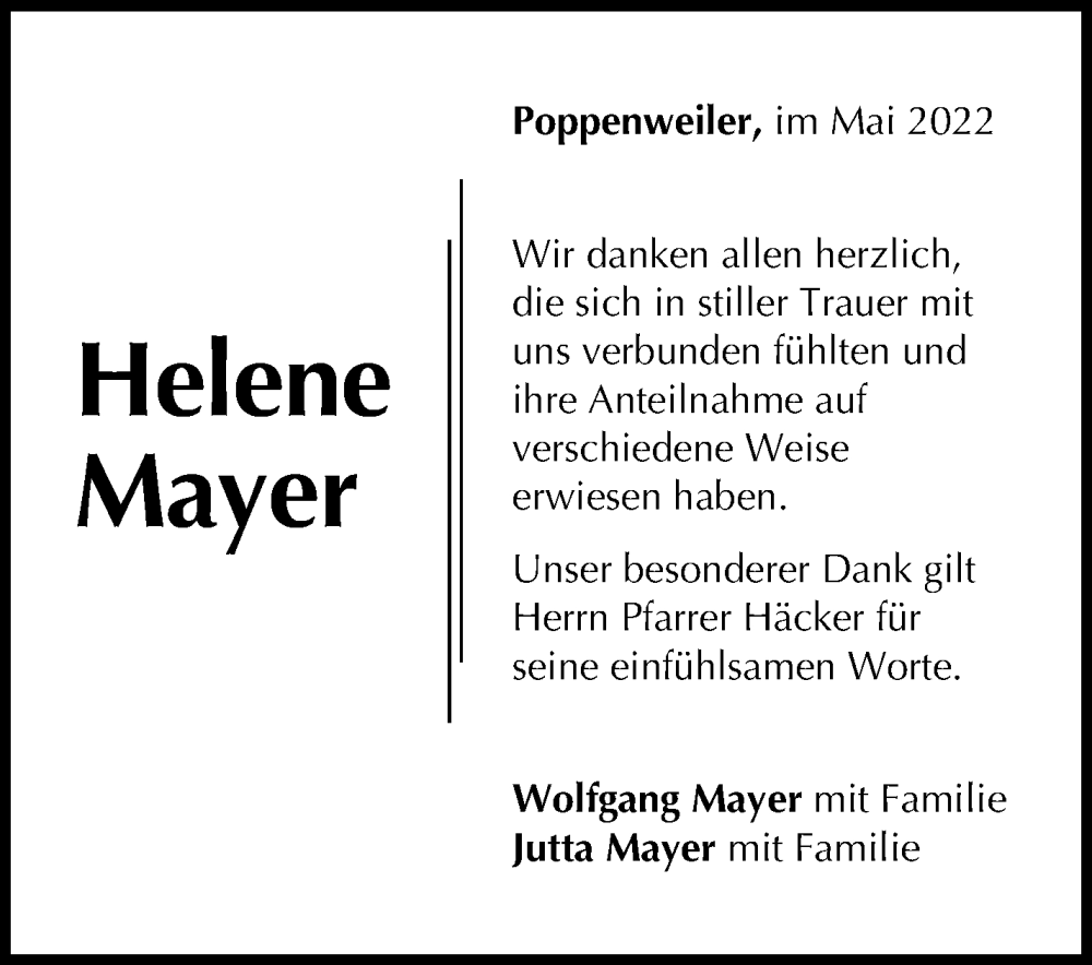  Traueranzeige für Helene Mayer vom 28.05.2022 aus Marbacher Zeitung