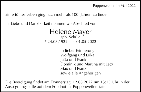 Traueranzeige von Helene Mayer von Marbacher Zeitung