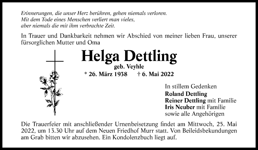  Traueranzeige für Helga Dettling vom 17.05.2022 aus Marbacher Zeitung