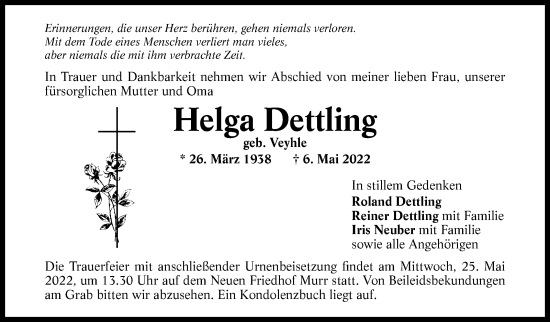 Traueranzeige von Helga Dettling von Marbacher Zeitung