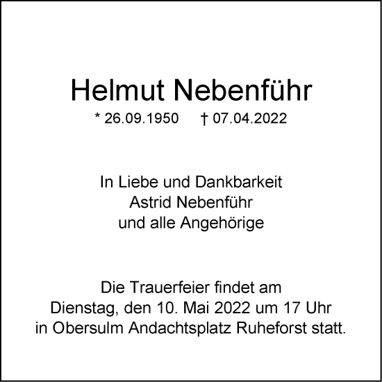 Traueranzeige von Helmut Nebenführ von Marbacher Zeitung