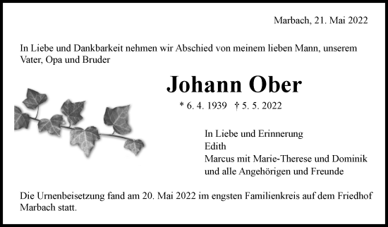 Traueranzeige von Johann Ober von Marbacher Zeitung