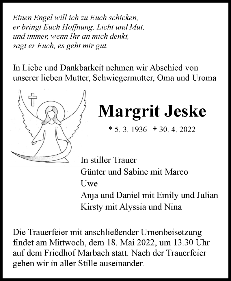  Traueranzeige für Margrit Jeske vom 11.05.2022 aus Marbacher Zeitung