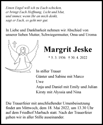 Traueranzeige von Margrit Jeske von Marbacher Zeitung