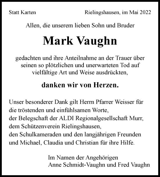Traueranzeige von Mark Vaughn von Marbacher Zeitung